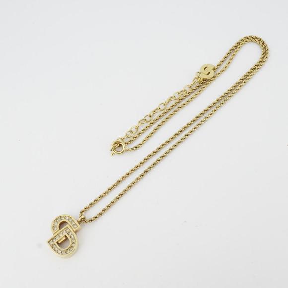 CHRISTIAN DIOR Necklace CD Logo Rhinestone GP Plated Gold Ladies - Picture 2 of 9
